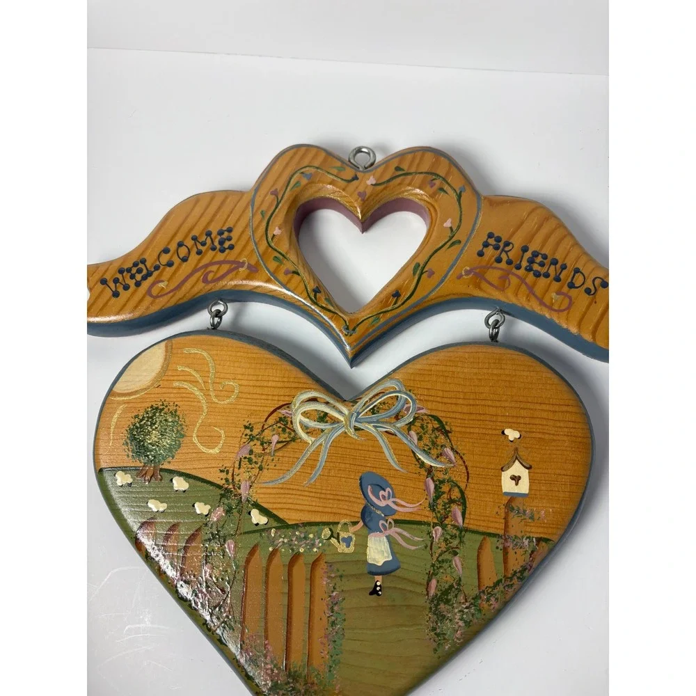 English Roses JDI Wooden Welcome Friends Heart Wall Plaque Folk Country Decor